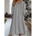 Women Grey Fleece Hooded Long Sleeve Dress Casual Winter Cozy Loungewear Soft - Gray