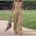 Women solid color sleeveless vest and wide leg pants casual two piece set outfit summer - S / Top And Bottom / Khaki