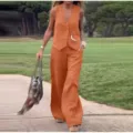Women solid color sleeveless vest and wide leg long pants two piece set casual outfit - S / Top And Bottom / Orange