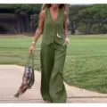 Ensemble deux pièces décontracté pour femme avec un gilet sans manches et un pantalon long. - Vert Militaire