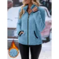 Women winter blue fuzzy fleece zip up jacket casual thermal outerwear with pockets - S / Lake Blue