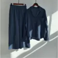 Women cotton linen two piece set long sleeve shirt wide leg pants loose casual outfit - S / Top And Bottom / Navy Blue