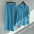 Blue cotton linen two piece set long sleeve shirt high waist wide leg pants casual outfit - S / Top And Bottom / Teal
