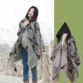 Thick hooded poncho shawl featuring a retro ethnic geometric pattern for winter - Gray