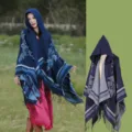 Ethno-Stil Kapuzenschal für Damen mit Blumenstickerei und Fransen - Marineblau