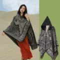 Elegant ethnic style knitted hooded shawl with intricate floral pattern for travel - 130*150cm / Gray