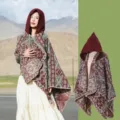 Vintage ethnic hooded poncho shawl with geometric patterns for autumn and winter - Burgundy