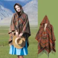 Bohemian ethnic hooded striped poncho with fringe tassels for women travel wear outfit - 130*150cm / Black Orange