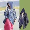 Stylish retro hooded poncho shawl featuring vintage geometric patterns for women - Blue