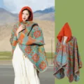 Vintage ethnic style hooded cloak shawl with vibrant patterns for autumn and winter travel - Orange