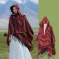 Bohemian ethnic style striped hooded shawl poncho for women featuring decorative tassels - 130*150cm / Red