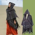 Ethnic hooded poncho with tribal striped patterns and tassel fringes, perfect for travel - 130*150cm / Dusty Pink