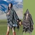 Bohemian ethnic style striped hooded poncho with tassels for travel and outdoor wear. - 130*150cm / Grey Camel