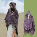 Ethnic ριγέ πόντσο με κουκούλα και κρόσσια για ταξίδια και φωτογραφίσεις στην έρημο - 130*150cm / Μοβ Κόκκινο Κίτρινο