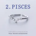 Detailed macro view of silver plated Pisces constellation ring with sparkling zircons - Adjustable Open / Pisces