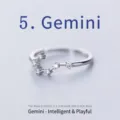 Detailed view of Gemini zodiac constellation ring with cubic zirconia in silver finish - Adjustable Open / Gemini