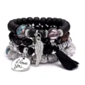 Boho stackable stone bracelet set with wing charm and tassel, perfect for daily wear. - Black