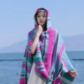 Ethnic style colorful striped hooded shawl poncho for women with vibrant knit patterns - Windy Stripes - Rose Red