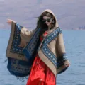 Elegant ethnic style hooded poncho shawl with heart patterns and fringe details - Camel