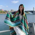 Ethnic style colorful striped hooded poncho shawl for travel and sun protection outdoors - Windy Stripes - Green