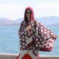 Elegant hooded travel poncho with red and beige geometric floral pattern for women - Ice Cream Pattern - Wine Red