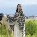 Elegant grey hooded knit poncho shawl with large floral pattern for women's autumn wear - Ice Cream Pattern - Grey