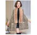 Leopard print knit poncho for women with large faux fur collar and fringe hem detail - Tops / 65*180CM / Khaki