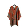Retro ethnic style warm orange and blue paisley knit hooded poncho shawl for women - Size 6