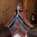 Ethnic style colorful striped hooded poncho for women travel sun protection scarf - Windy Stripes Blue Orange