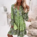 Damen gruenes Paisley Print gestuftes Minikleid langaermelig V-Ausschnitt Sommer Freizeitkleid - S / Grün