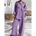 Women casual purple two piece set long sleeve button shirt and loose wide leg trousers - S / Top And Bottom / Purple