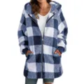 Women plush hooded fuzzy fleece jacket casual long sleeve zip up plaid winter coat outerwear - Blue