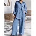 Conjunto casual de dos piezas para mujer camisa manga larga y pantalones anchos - Azul