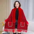 Elegant red leopard print knitted cloak with large fur collar and fringes for winter - Tops / 65*180CM / Red