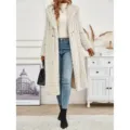Women's long solid color hooded fleece coat winter casual warm outerwear with cozy plush fabric. - S / Off White