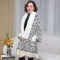 Elegant women's leopard print knit poncho with large white faux fur collar and tassels - Tops / 65*180CM / White