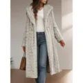 Stylish women's long hooded faux fur coat in solid grey, perfect for autumn and winter wear. - S / Apricot