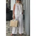 Summer casual sleeveless solid color linen outfit set for women, comfortable daily wear. - S / Top And Bottom / White
