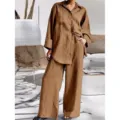 Womens long sleeve shirt and loose wide leg trousers two piece casual lounge set brown - S / Top And Bottom / Khaki