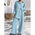 Light blue long sleeve shirt loose wide leg pants two piece set casual women outfit - S / Top And Bottom / Sky Blue