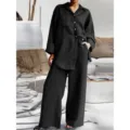 Conjunto de Dos Piezas Mujer Camisa Manga Larga y Pantalón Ancho Negro Elegante - Negro