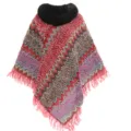 Damen Herbst Winter Strickponcho mit schwarzem Pelzkragen und buntem Zickzackmuster - Morgenmantel / Rot