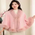 Eleganter rosa Schalumhang mit Kunstpelzbesatz für Damen, Wintermode - 120cm / Rosa