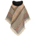 Böhmischer Strickponcho mit schwarzem Kunstfellkragen und Zickzack-Quastensaum für Damen - Morgenmantel / Gelbgrün