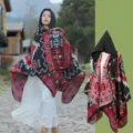 Εθνικό στυλ σάλι με κουκούλα με κόκκινα και μαύρα μποέμ γεωμετρικά σχέδια για γυναίκες - Ρόμπα (Μαύρο) / 130*150cm / Μαύρο