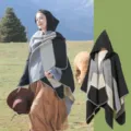 Stylish folk-style hooded striped poncho for women travel outfits in color-block design. - Black and Gray