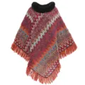 Bunter Strickponcho für Herbst und Winter mit Kunstfellkragen und Zickzackmuster - Morgenmantel / Burgunderrot
