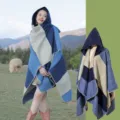 Ethnic hooded striped color-block shawl poncho for women travel outfit - Blue