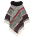 Warmer Winter-Strickponcho mit schwarzem Kunstfellkragen und buntem Zickzack-Chevron-Muster - Morgenmantel / Khaki