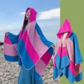 Ethnic style striped hooded poncho for women with bright pink and blue color blocks - Blue Pink